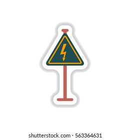 Vector illustration in paper sticker style Danger high voltage road sign