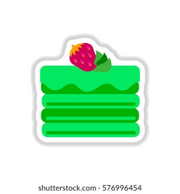Vector illustration in paper sticker style delicious chocolate strawberry cake