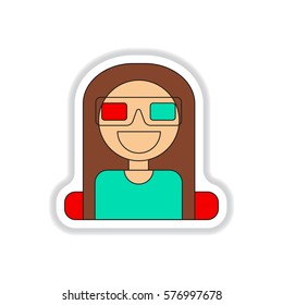 Vector illustration in paper sticker style girl at the Cinema theater in 3D glasses