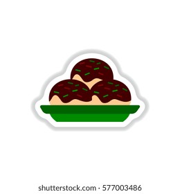 Vector illustration in paper sticker style delicious cake on plate