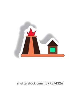 Vector illustration in paper sticker style volcano explosion and house
