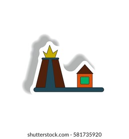 Vector illustration in paper sticker style volcano explosion and house
