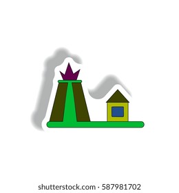 Vector illustration in paper sticker style volcano explosion and house
