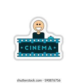 Vector illustration in paper sticker style Seller sells tickets to cinema