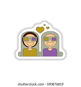 Vector illustration in paper sticker style girls at the Cinema theater in 3D glasses