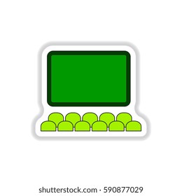 Vector illustration in paper sticker style Cinema auditorium with movie screen and seats