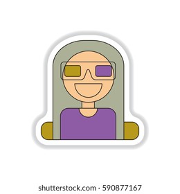 Vector illustration in paper sticker style girl at the Cinema theater in 3D glasses