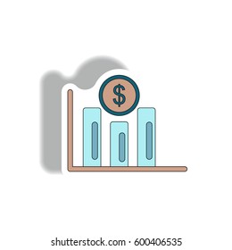 Vector illustration in paper sticker style. infographic design of column chart and currency
