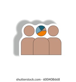 Vector illustration in paper sticker style. infographic design of Business pie chart and mens silhouette. business team thinking