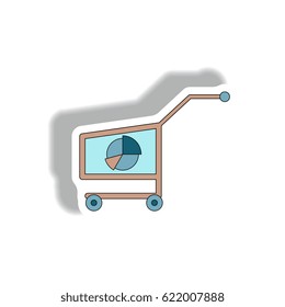 Vector illustration in paper sticker style. infographic design of Business pie chart on trolley