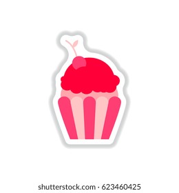 Vector illustration in paper sticker style cherry cupcake