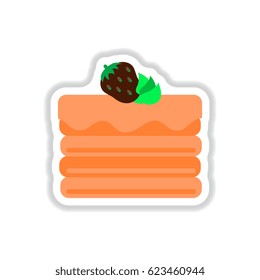 Vector illustration in paper sticker style delicious chocolate strawberry cake