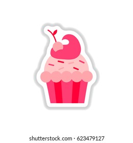 Vector illustration in paper sticker style cherry cupcake