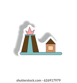 Vector illustration in paper sticker style volcano explosion and house