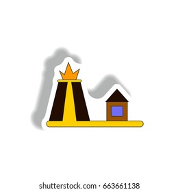 Vector illustration in paper sticker style volcano explosion and house