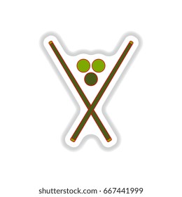 Vector illustration in paper sticker style billiard balls and cues
