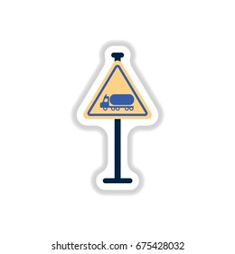 Vector illustration in paper sticker style warning road sign gasoline tank truck
