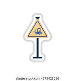 Vector illustration in paper sticker style forklift in operation road sign