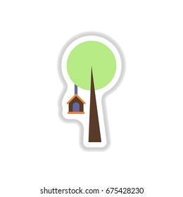 Vector illustration in paper sticker style Bird House on tree