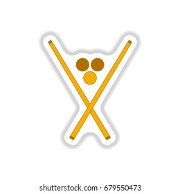 Vector illustration in paper sticker style billiard balls and cues
