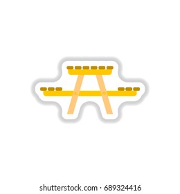Vector illustration in paper sticker style camping table wooden park bench