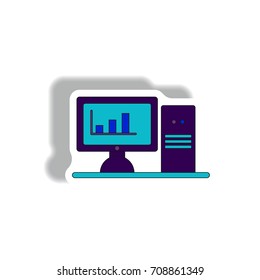 Vector illustration in paper sticker style. infographic design of column chart on computer monitor
