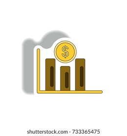 Vector illustration in paper sticker style. infographic design of column chart and currency