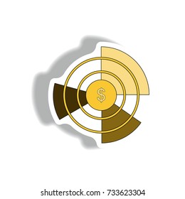 Vector illustration in paper sticker style. infographic design of Business pie chart and currency