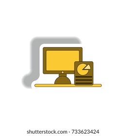 Vector illustration in paper sticker style. infographic design of Business pie chart report and monitor