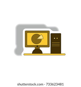 Vector illustration in paper sticker style. infographic design of Business pie chart on computer monitor