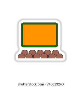 Vector illustration in paper sticker style Cinema auditorium with movie screen and seats