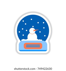 Vector illustration in paper sticker style Merry christmas glass ball with snowman