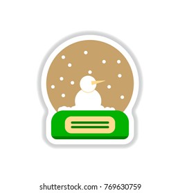 Vector illustration in paper sticker style Merry christmas glass ball with snowman
