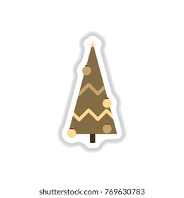 Vector illustration in paper sticker style christmas tree decorated with balls