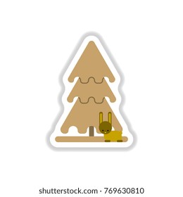 Vector illustration in paper sticker style christmas tree and rabbit