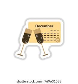 Vector illustration in paper sticker style christmas calendar and two glasses of champagne