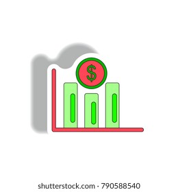 Vector illustration in paper sticker style. infographic design of column chart and currency