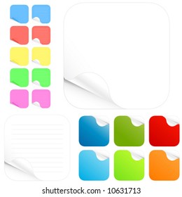 Vector illustration of paper stickers and pads in different colors with shadowed curl. Two main versions with lines and without in different colors. Rounded edges.