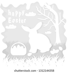 vector illustration in paper style on the theme of Easter celebration a little rabbit sitting on the lawn next to a basket of eggs near the tree, for the design of stickers and covers