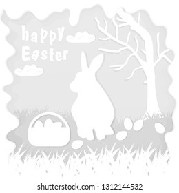 vector illustration in paper style on the theme of Easter celebration a little rabbit sitting on the lawn next to a basket of eggs near the tree, for the design of stickers and covers
