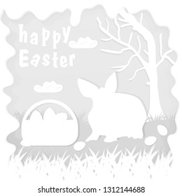 vector illustration in paper style on the theme of Easter celebration a little rabbit sitting on the lawn next to a basket of eggs near the tree, for the design of stickers and covers