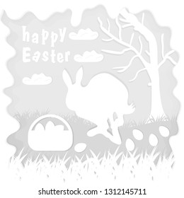vector illustration in paper style on the theme of Easter celebration a little rabbit sitting on the lawn next to a basket of eggs near the tree, for the design of stickers and covers