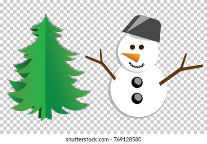 Vector illustration of paper style snowman and green Christmas tree. Transparent background