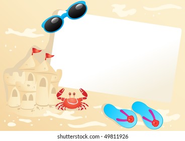 Vector illustration of paper with sunglasses, sandy castle, flip-flops, crab near by