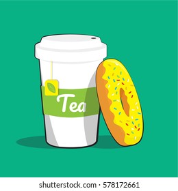 vector illustration of paper tea cup with a donut