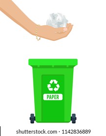 Vector illustration: paper waste throw out. Woman hand throwing away crumpled paper ball in garbage container. Trash sorting concept. Colorful trash bin.