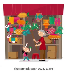 Vector illustration of paper-crafted offerings shop in Hong Kong. During the Chinese Lantern Festival, it hangs varieties of lanterns at the shop front.