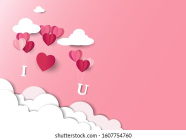 Vector illustration papercut of hearts balloon, lovely and valentine's day background, copy space for note and texture
