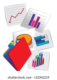 Vector illustration of papers with picture graphics of stock charts on the wall.