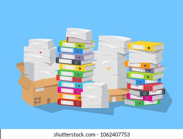 Vector illustration. Lot of paperwork with documents and folders.
